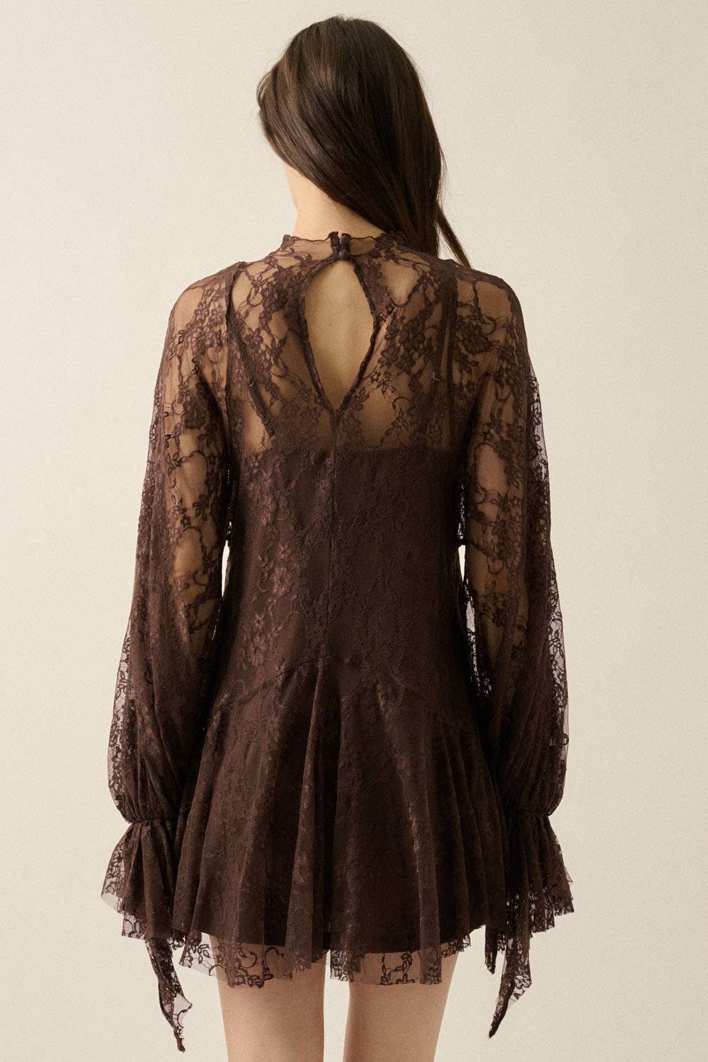 Floral Lace Layered Mock-Neck Bishop-Sleeve Mini Dress