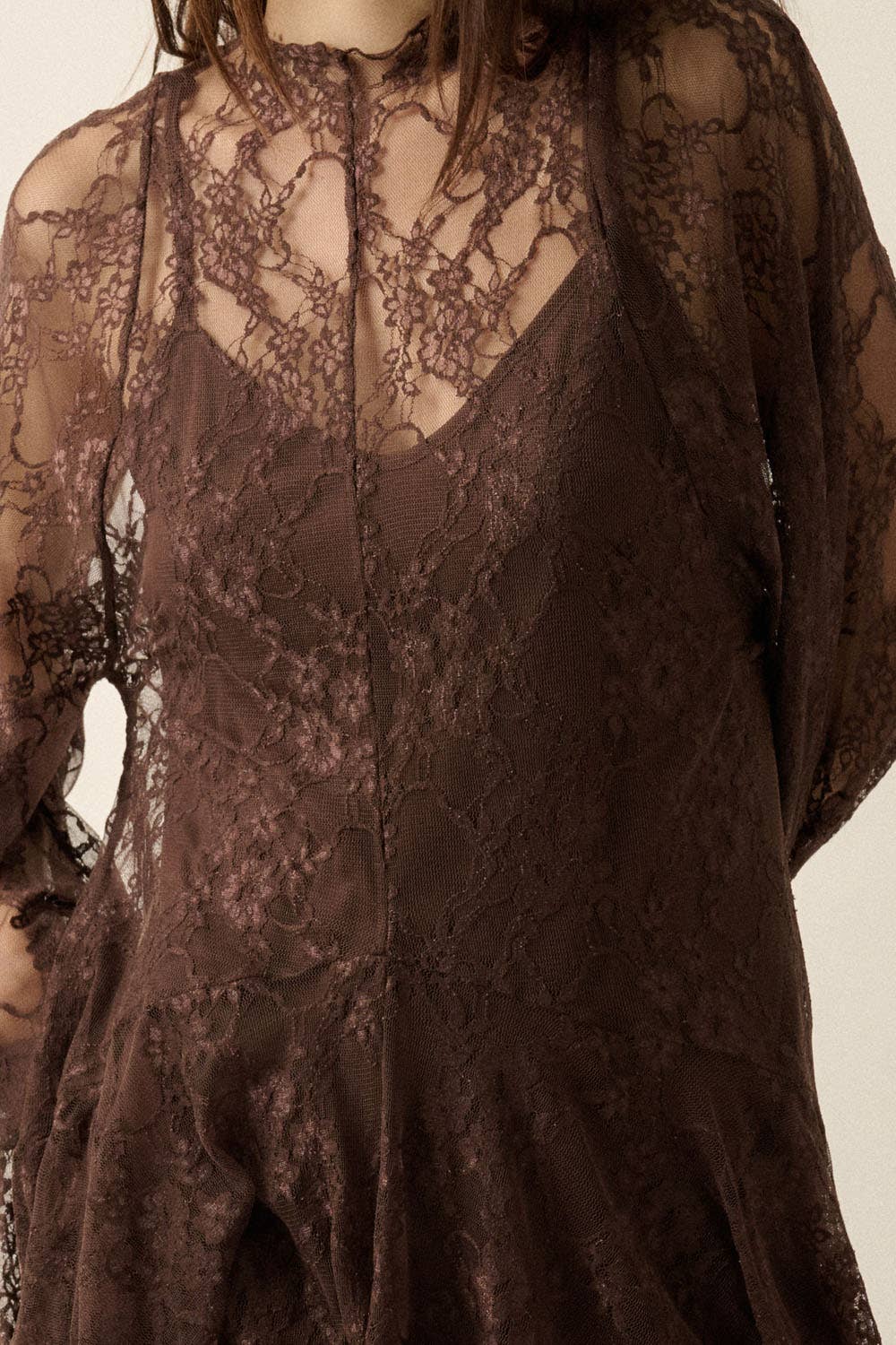 Floral Lace Layered Mock-Neck Bishop-Sleeve Mini Dress