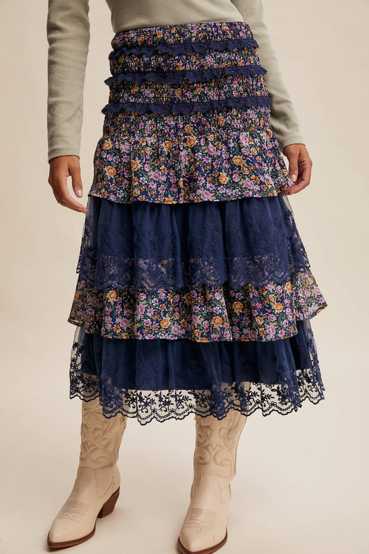 Smocked Lace Tiered Midi Skirt/Dress