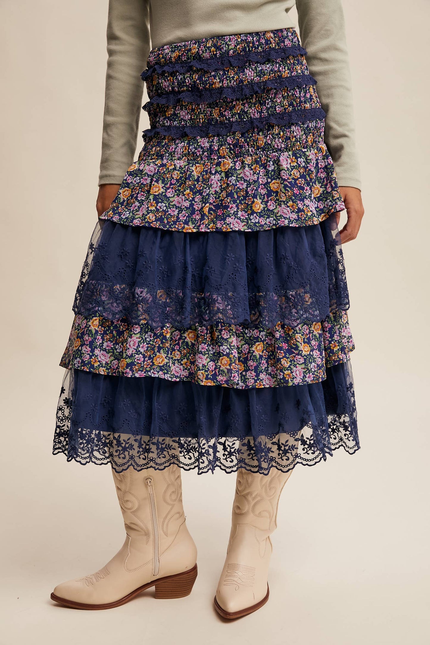 Smocked Lace Tiered Midi Skirt/Dress