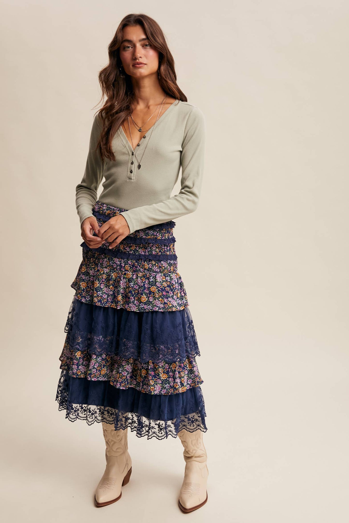 Smocked Lace Tiered Midi Skirt/Dress