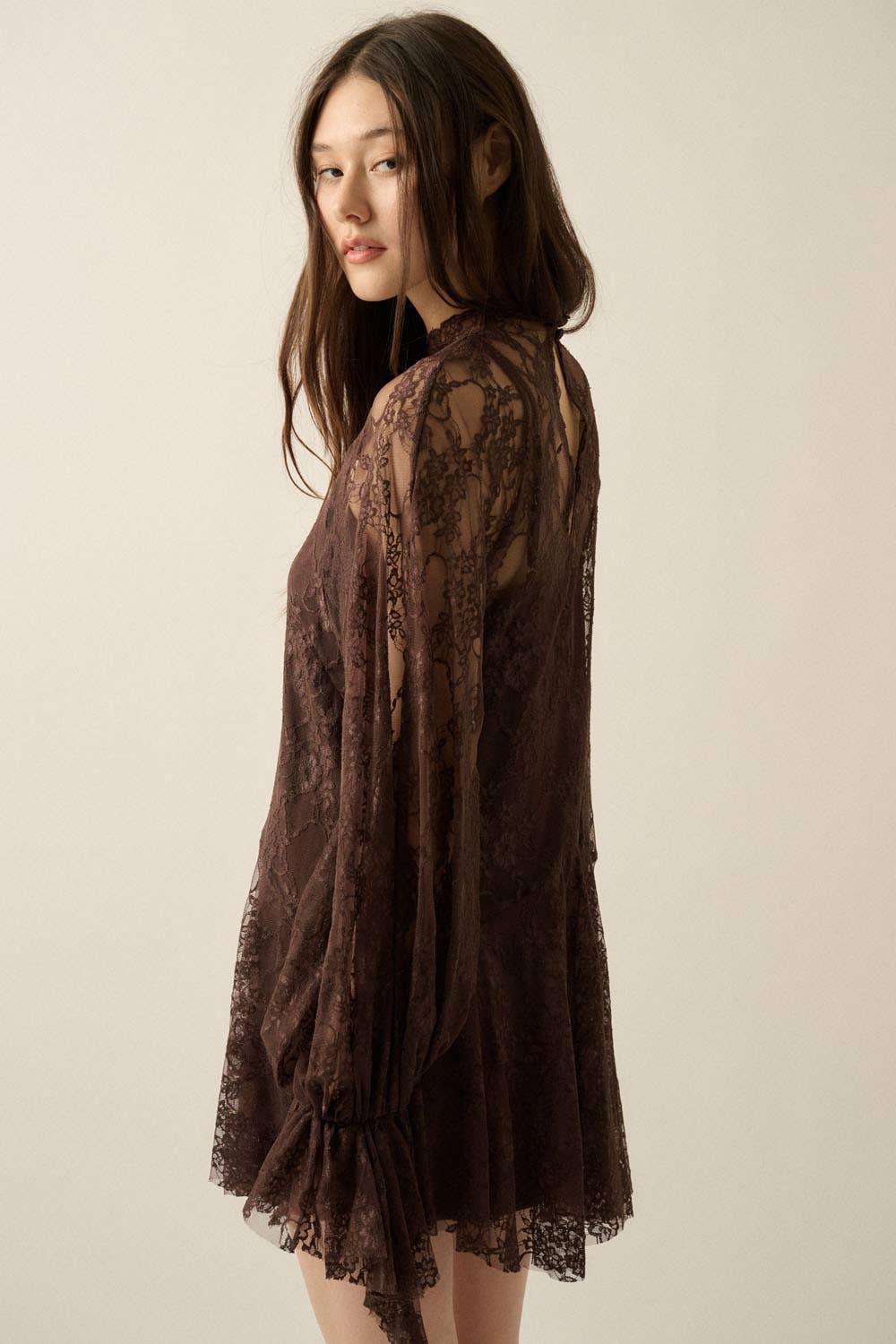 Floral Lace Layered Mock-Neck Bishop-Sleeve Mini Dress