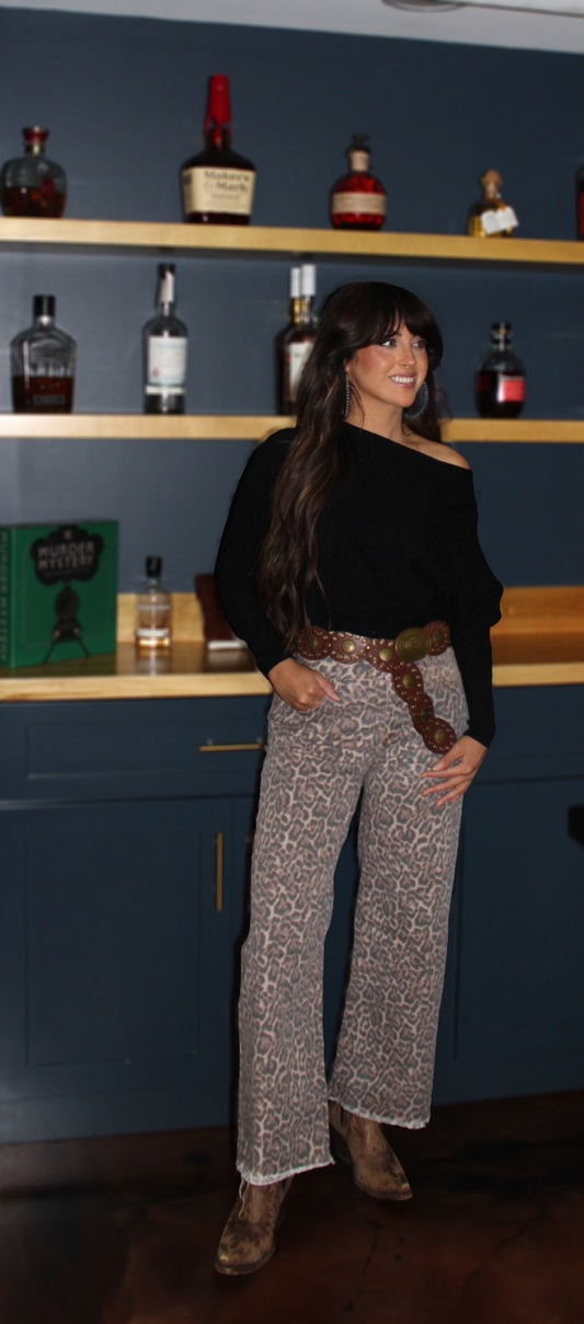 Leopard Frayed Edge Wide Leg High Waist Jeans