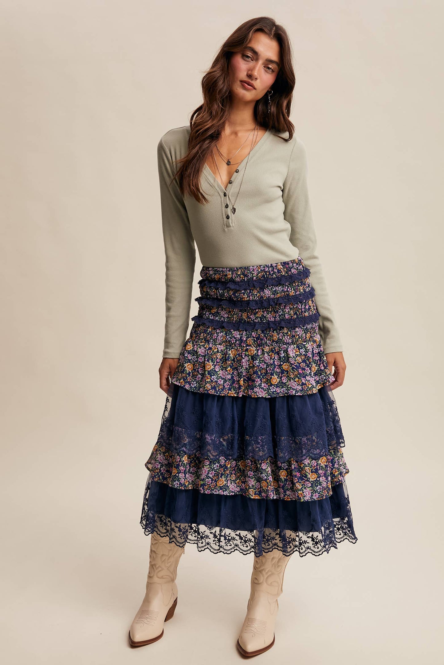 Smocked Lace Tiered Midi Skirt/Dress