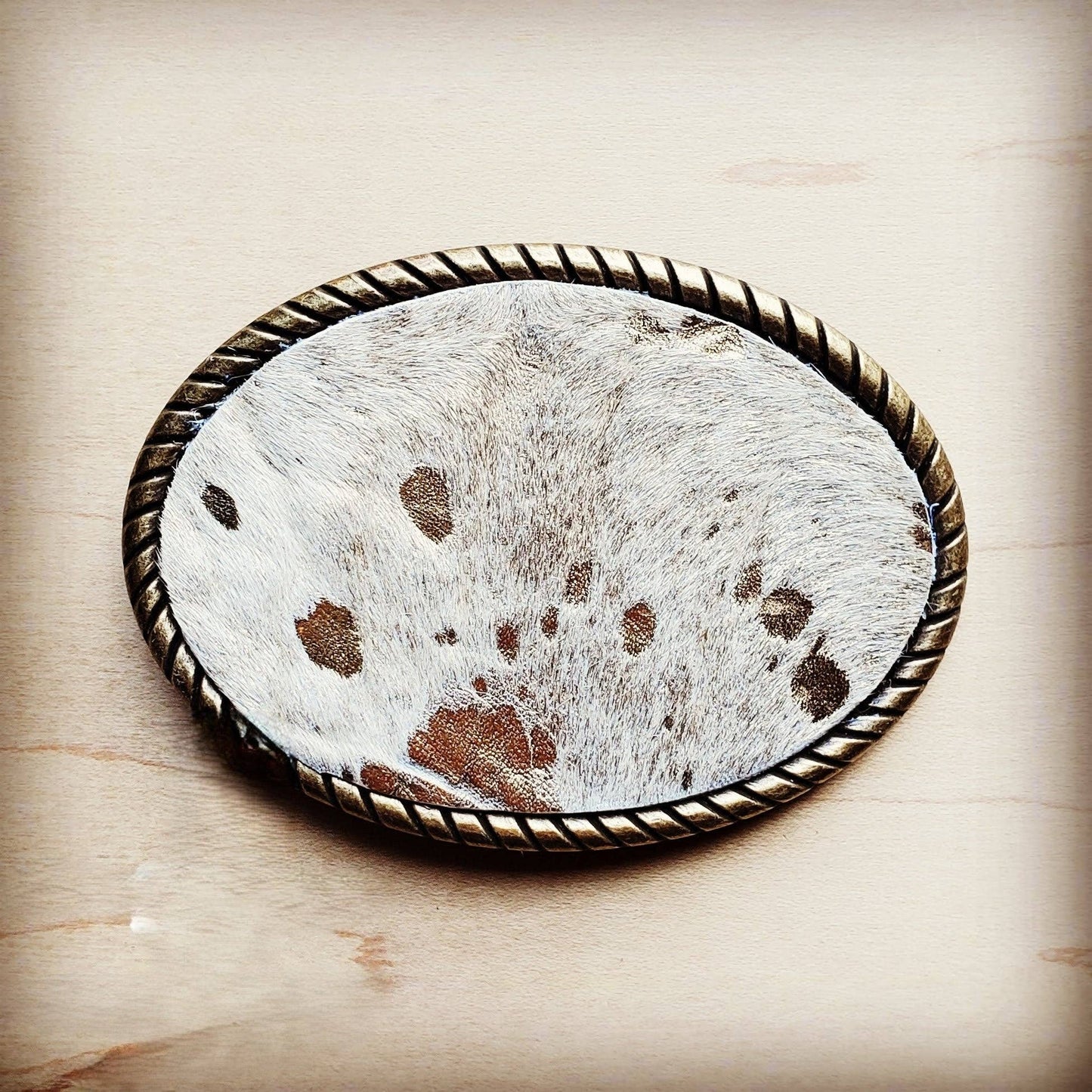 Rope Edge Gold Metallic Hair on Hide Leather Belt Buckle