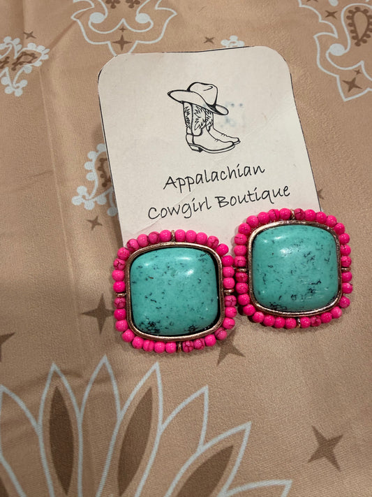 Turquoise and Hot Pink large stud earrings