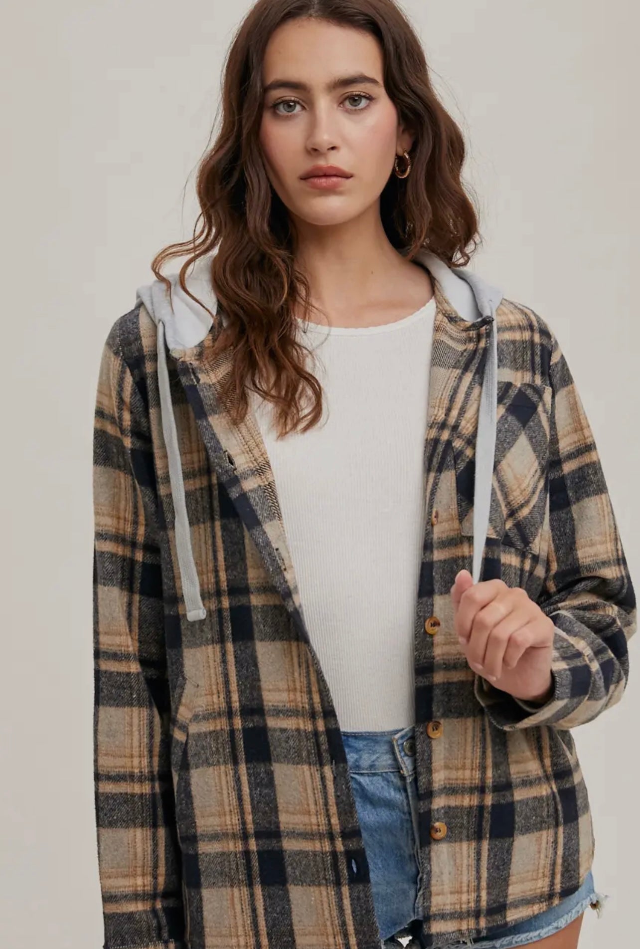 Hooded Flannel Button Shirt Jacket