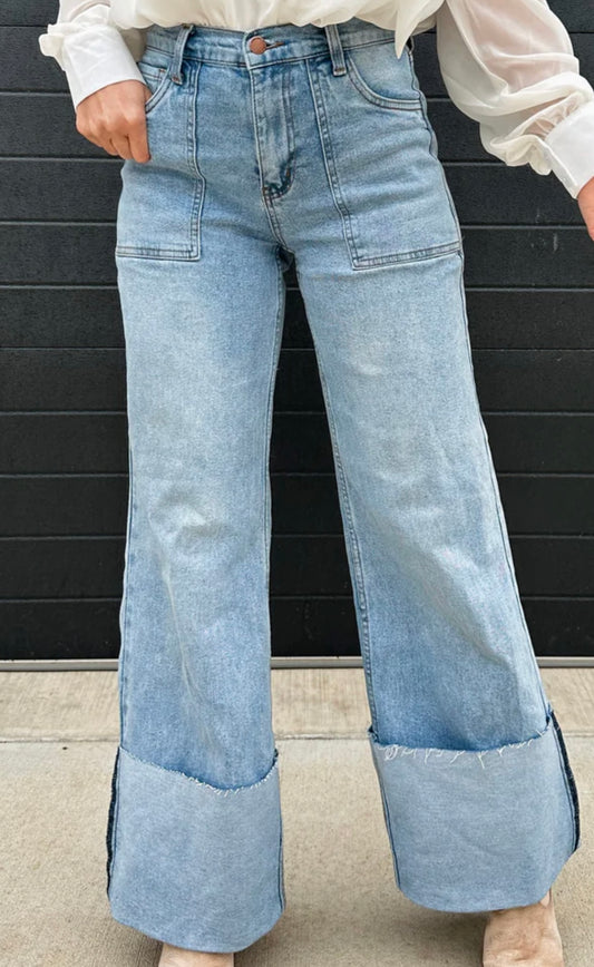 High Waisted Wide Leg Cuffed Jeans