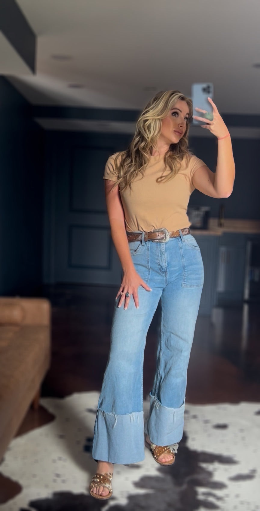 High Waisted Wide Leg Cuffed Jeans