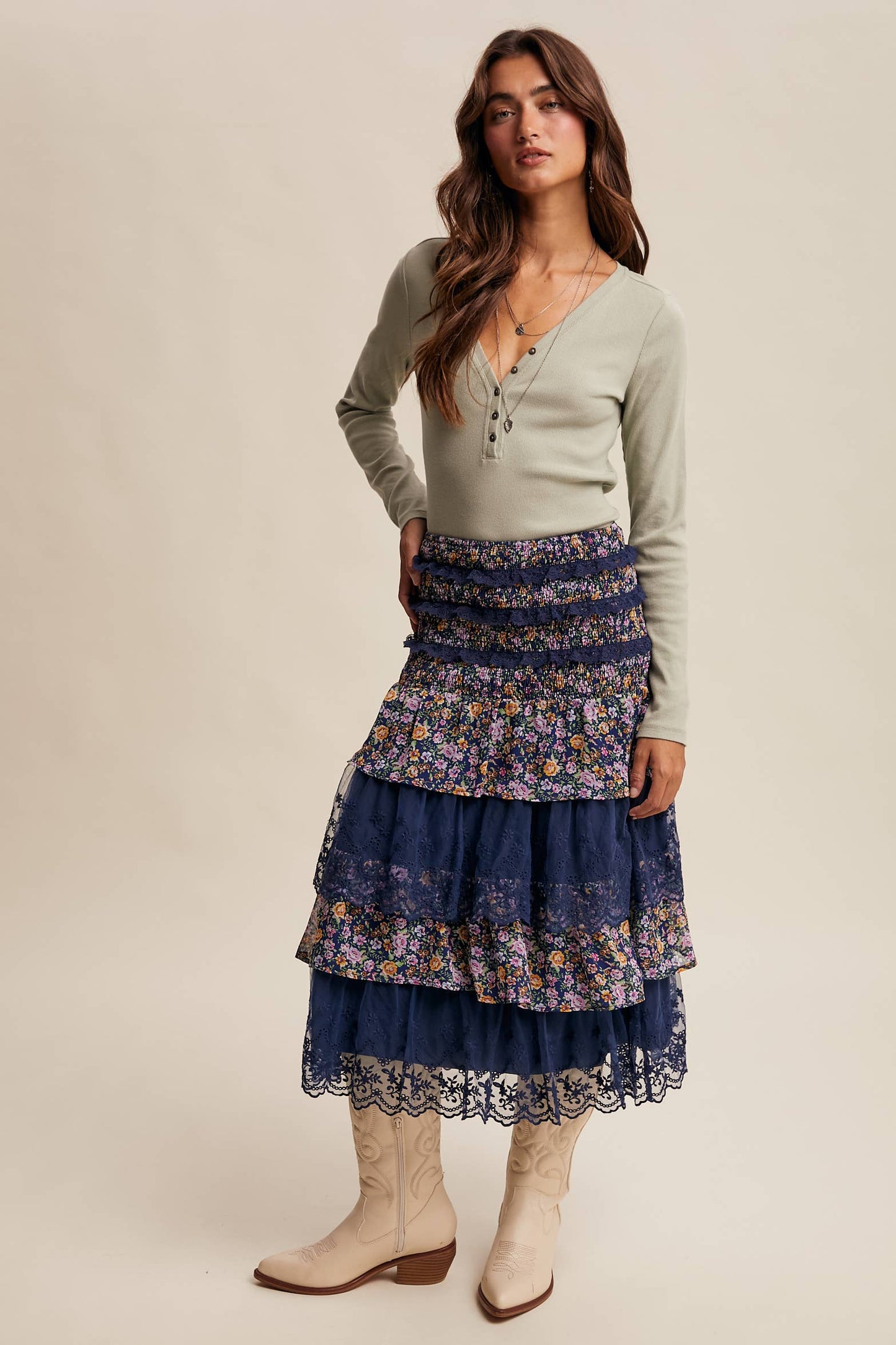 Smocked Lace Tiered Midi Skirt/Dress