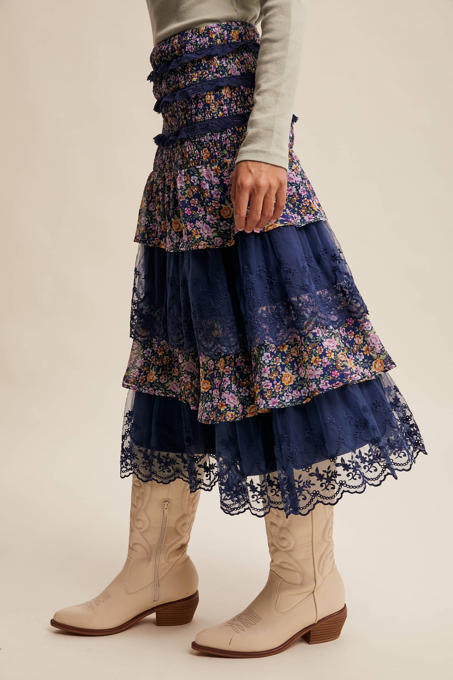 Smocked Lace Tiered Midi Skirt/Dress