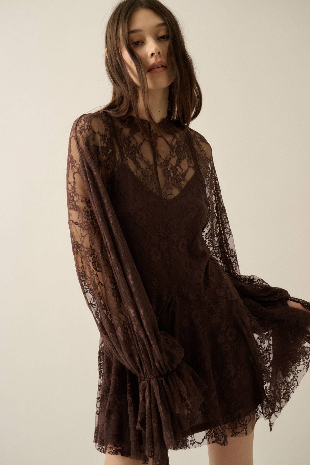 Floral Lace Layered Mock-Neck Bishop-Sleeve Mini Dress