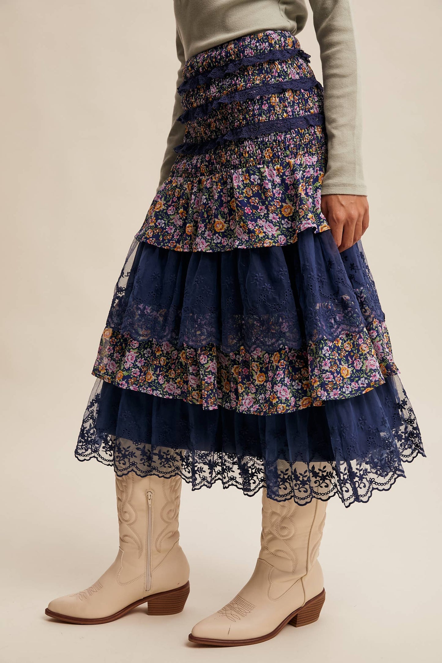 Smocked Lace Tiered Midi Skirt/Dress