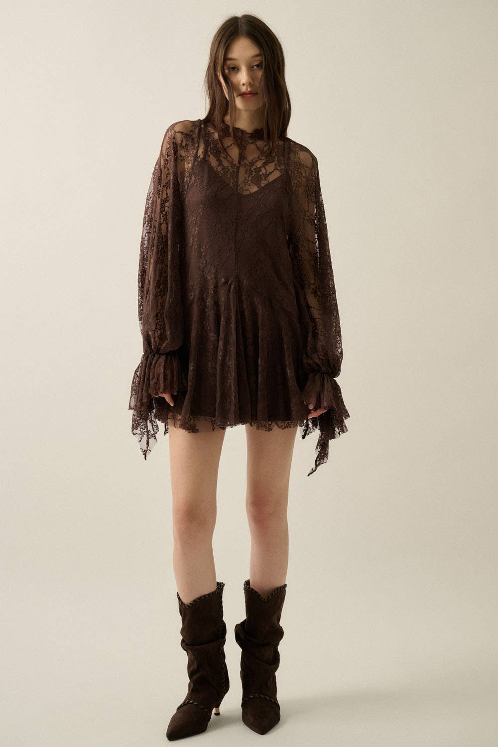 Floral Lace Layered Mock-Neck Bishop-Sleeve Mini Dress
