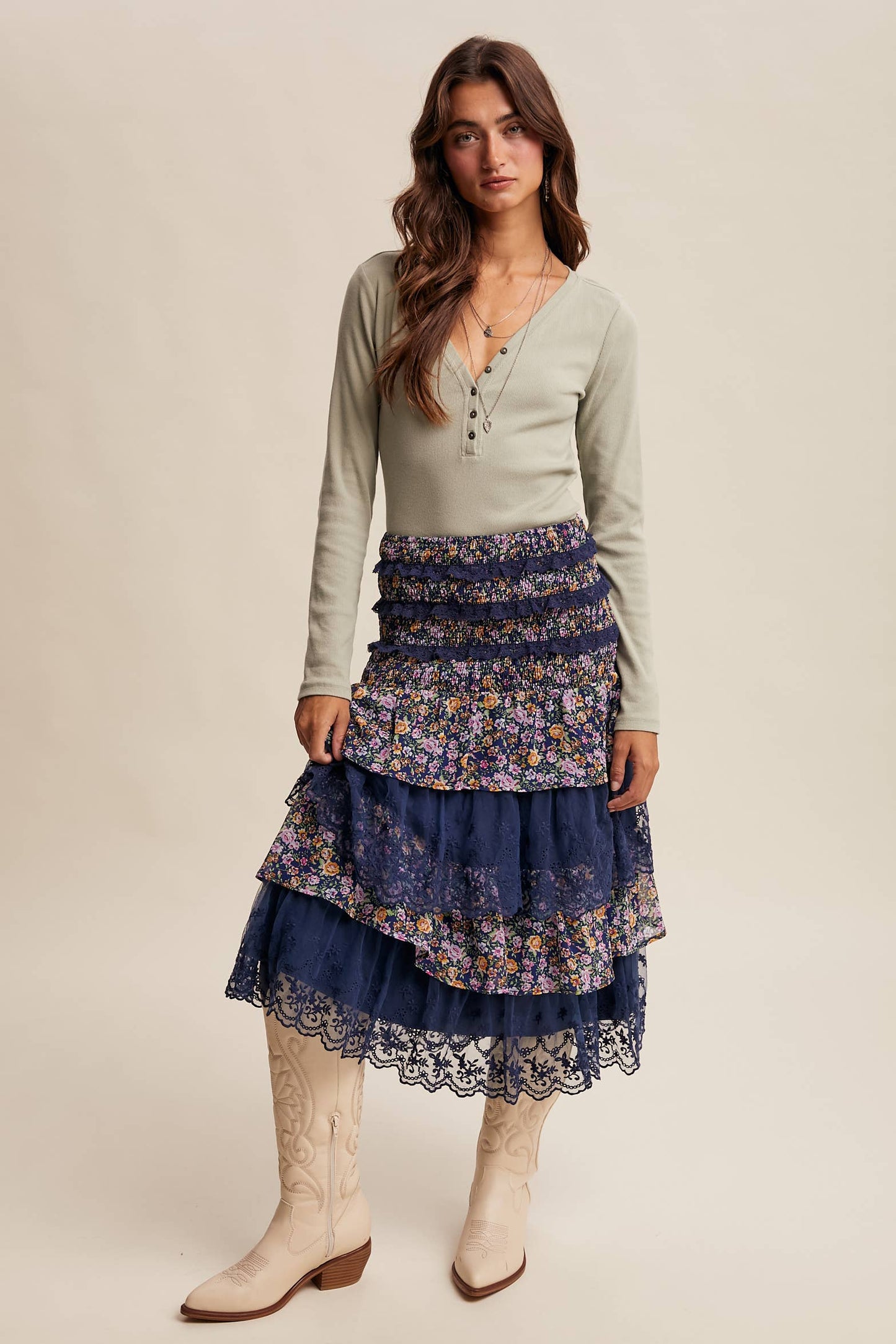 Smocked Lace Tiered Midi Skirt/Dress